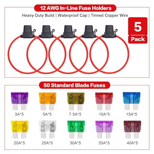 5-Pack 12V Waterproof Fuse Holders with 50 Fuses - Image 5