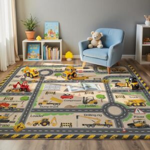 Kids Construction Site Play Rug with Vehicles
